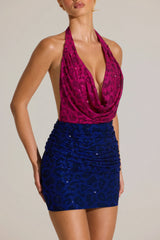 Embellished Plunge Cowl Neck Mini Dress In Cobalt Leopard