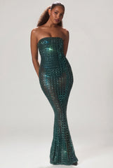 Embellished Strapless Gown In Emerald Green