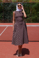 Celosia | Brown Polka-Dot Asymmetric-Neck Midi Dress With Gold-Detailing