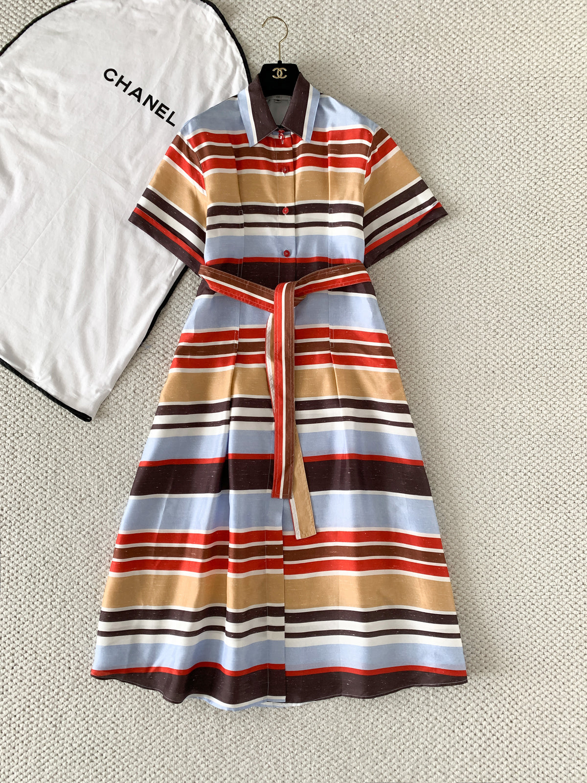 CHANEL Midi Dress Silk Blue Red Brown Beige White #387005