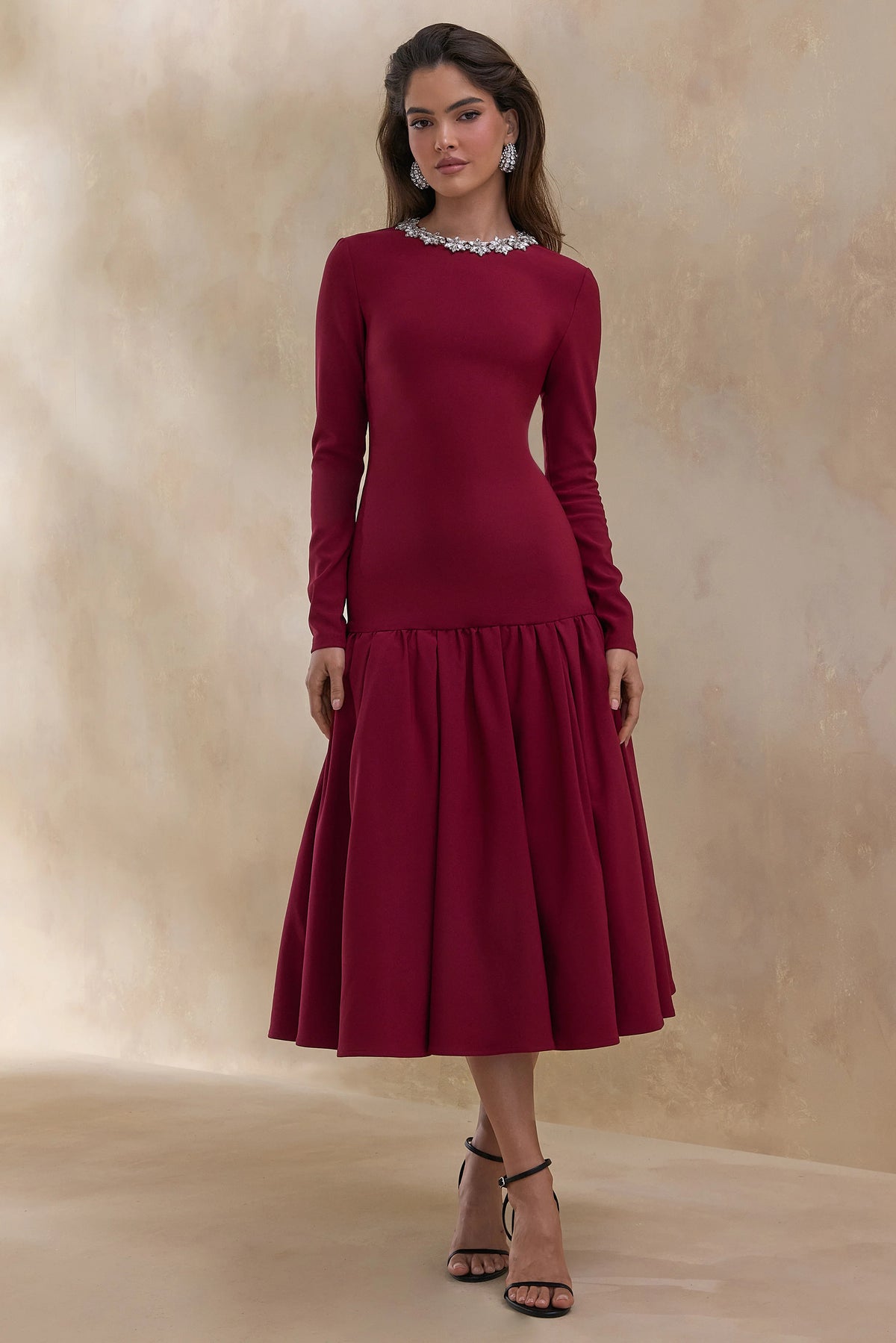 Jovana | Burgundy Hand-Embellished Crew-Neck Midi Dress With Drop Waist