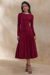 Jovana | Burgundy Hand-Embellished Crew-Neck Midi Dress With Drop Waist