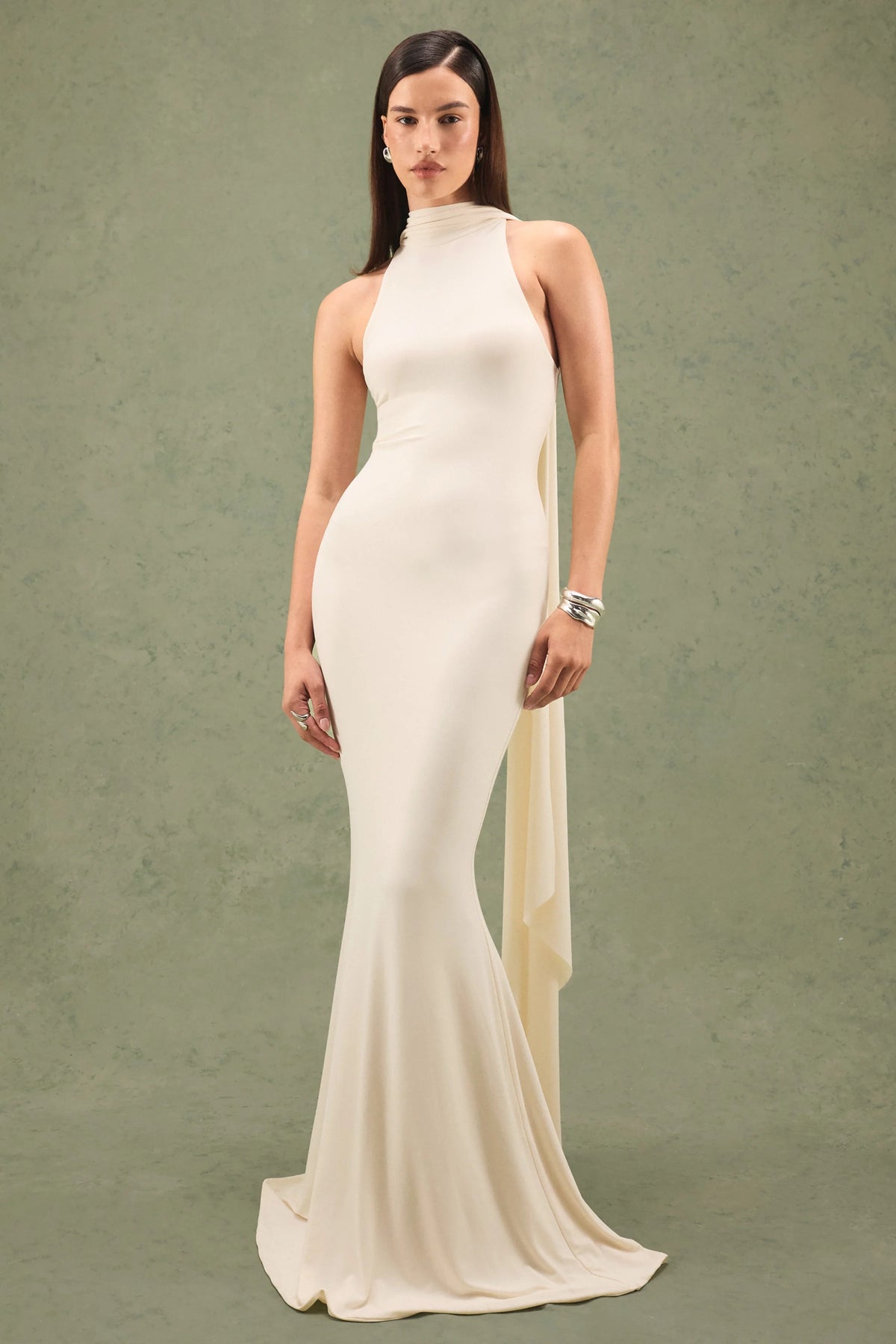 Cordy | Cream High-Neck Maxi Dress With Cape