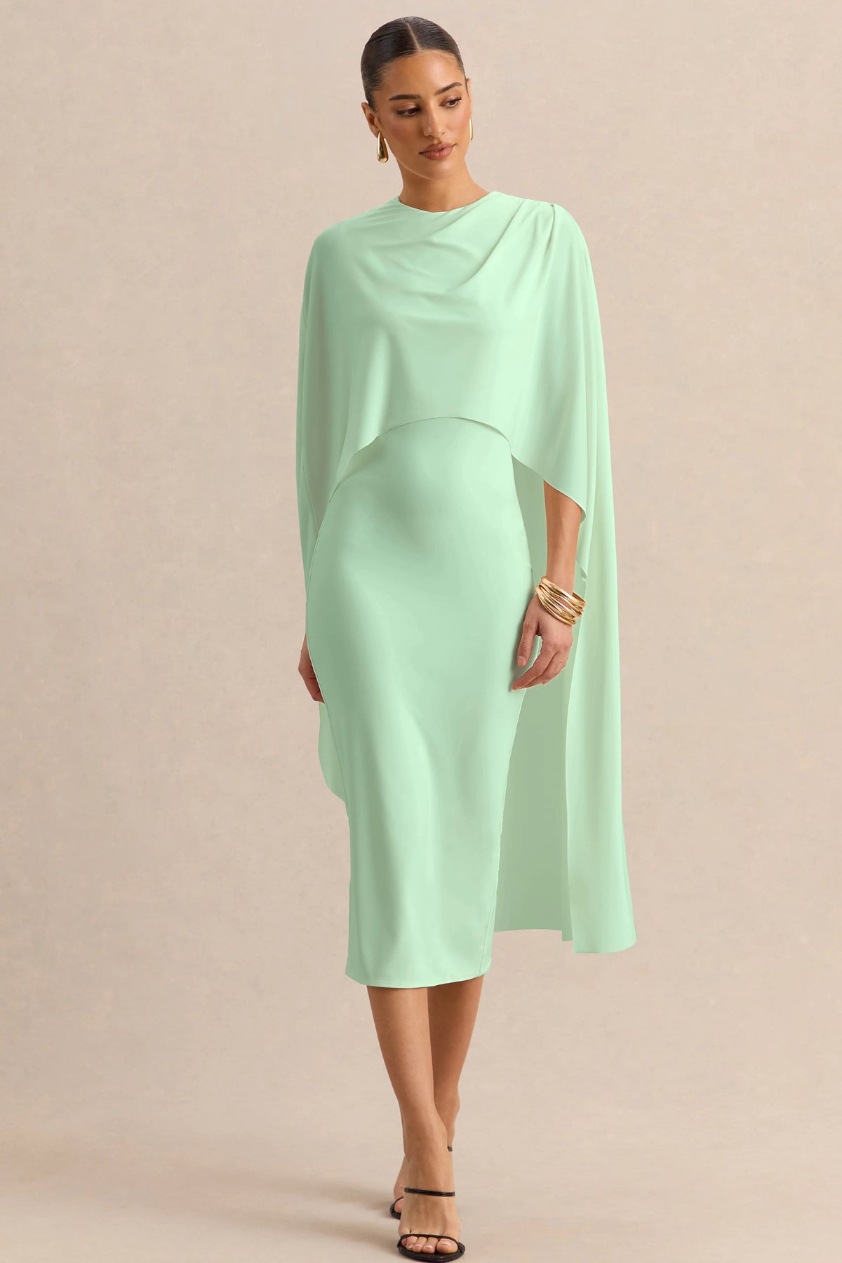 Luxalyn | Green Round-Neck Midi Dress With Cape-Detail