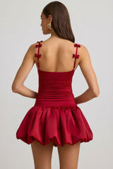 Bow-Detail Ruched Bubble Hem Mini Dress In True Red