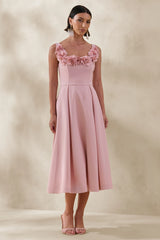 Maelle | Pink Scoop-Neck Midi Dress With Corsage Detailing