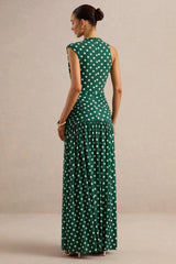 Kelis | Green Polka-Dot High-Neck Maxi Dress With Draped Detailing