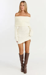Erin Mini Dress - Cable Knit Off Shoulder Long Sleeve Dress in Cream