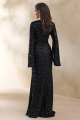 Romea | Black Sequin High-Neck Maxi Dress With Cape Sleeves