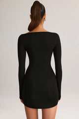 Modal Boat-Neck Draped Long-Sleeve Mini Dress In Black