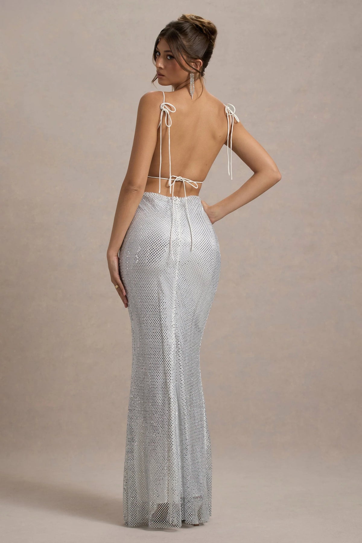 Quartz | Silver Hotfix Square-Neck Open-Back Maxi Dress