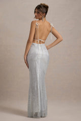 Quartz | Silver Hotfix Square-Neck Open-Back Maxi Dress