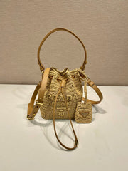 Prada Women's Logo Embroidered Adjustable Detachable Shoulder Strap Lafite Grass Patchwork Leather Bucket Bag Mini Handheld One Shoulder Crossbody Bag  Bags #196301