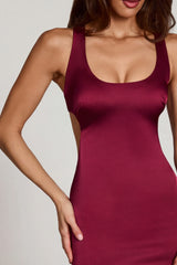 Scoop Neck Lace-Up Back Mini Dress In Wine Red