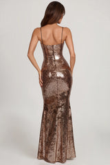 Embellished Straight-Neck Maxi Dress In Copper Gold