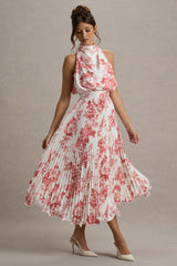 Nila | Pink Porcelain Print Cowl-Neck Midi Dress With Plisse Skirt
