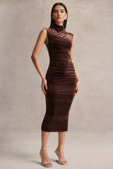 Novine | Brown Velvet High-Neck Midi Dress
