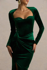 Fay | Bottle Green Velvet Corset Style Knot Maxi Dress