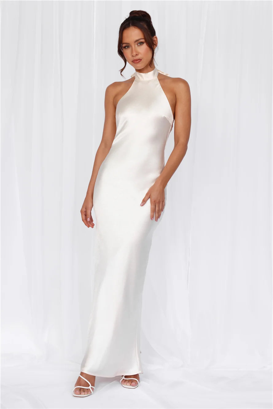 The Cleo Halter Satin Maxi Dress Pearl
