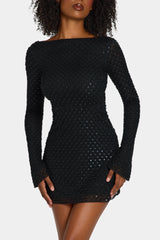 Embellished Open-Back A-Line Mini Dress In Black
