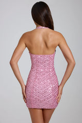 Embellished Halterneck Mini Dress In Pink