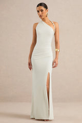 Elirae | White Asymmetric-Neck Maxi Dress With Twist Strap And Front High Split