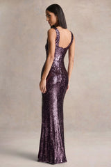 High Life | Plum Sequin Square-Neck Maxi Dress With Front-High Split