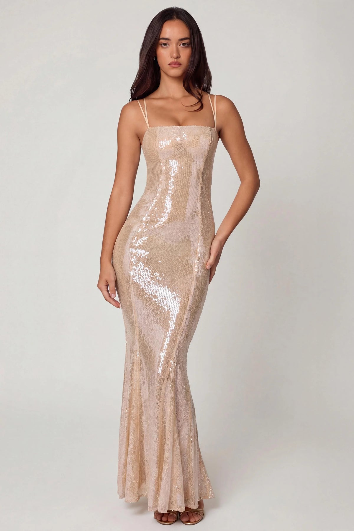 Embellished Square Neck Lace Gown In Pale Peach