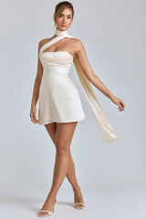 Draped Halterneck Satin Mini Dress In Ivory