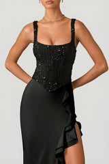 Embellished Ruffle-Trim Corset Gown In Black