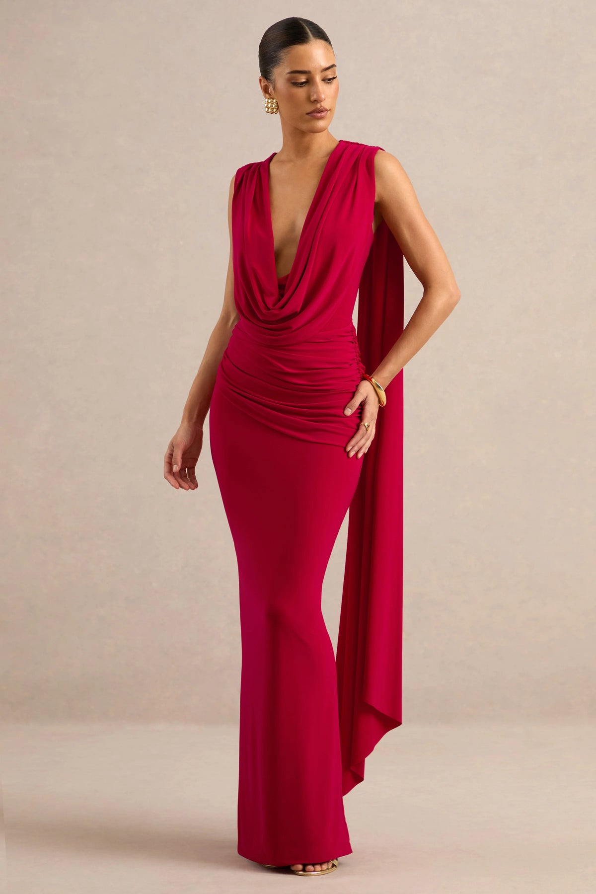 Aralyn | Red Plunge Cowl-Neck Maxi Dress With Sash Detail