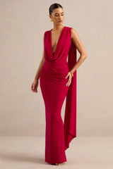 Aralyn | Red Plunge Cowl-Neck Maxi Dress With Sash Detail