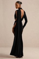 Esmaria | Black High-Neck Maxi Dress With Gold Detail And Sash