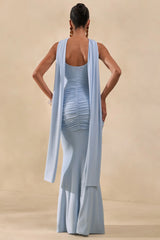 Solyra | Powder Blue Square-Neck Maxi Dress With Sash And Cape Detail