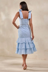 Velissia | Blue Broderie Square-Neck Midi Dress With Bow-Sleeves And Ruffled-Hem