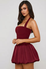 Halterneck Lace-Up Bubble Hem Corset Micro Mini Dress In Berry Red
