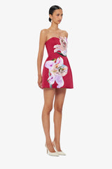 Rosario Appliqué Floral Bustier Mini Dress - Lily Print in Oxblood
