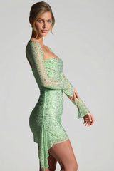 Embellished Draped Cowl-Neck Mini Dress In Pistachio