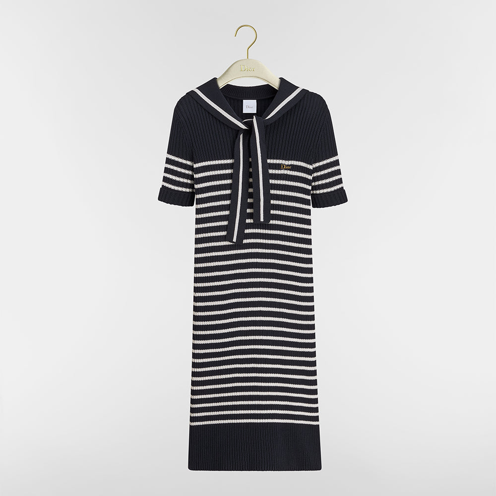 DIOR Dioriviera Dior Marinière Straight Dress with Sailor Collar Navy Blue and White Ribbed Cotton Knit #387480
