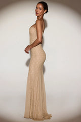 Metallic Lace Godet Fishtail Gown In Gold