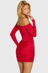 Off-Shoulder Long-Sleeve Mini Dress In Cherry Red