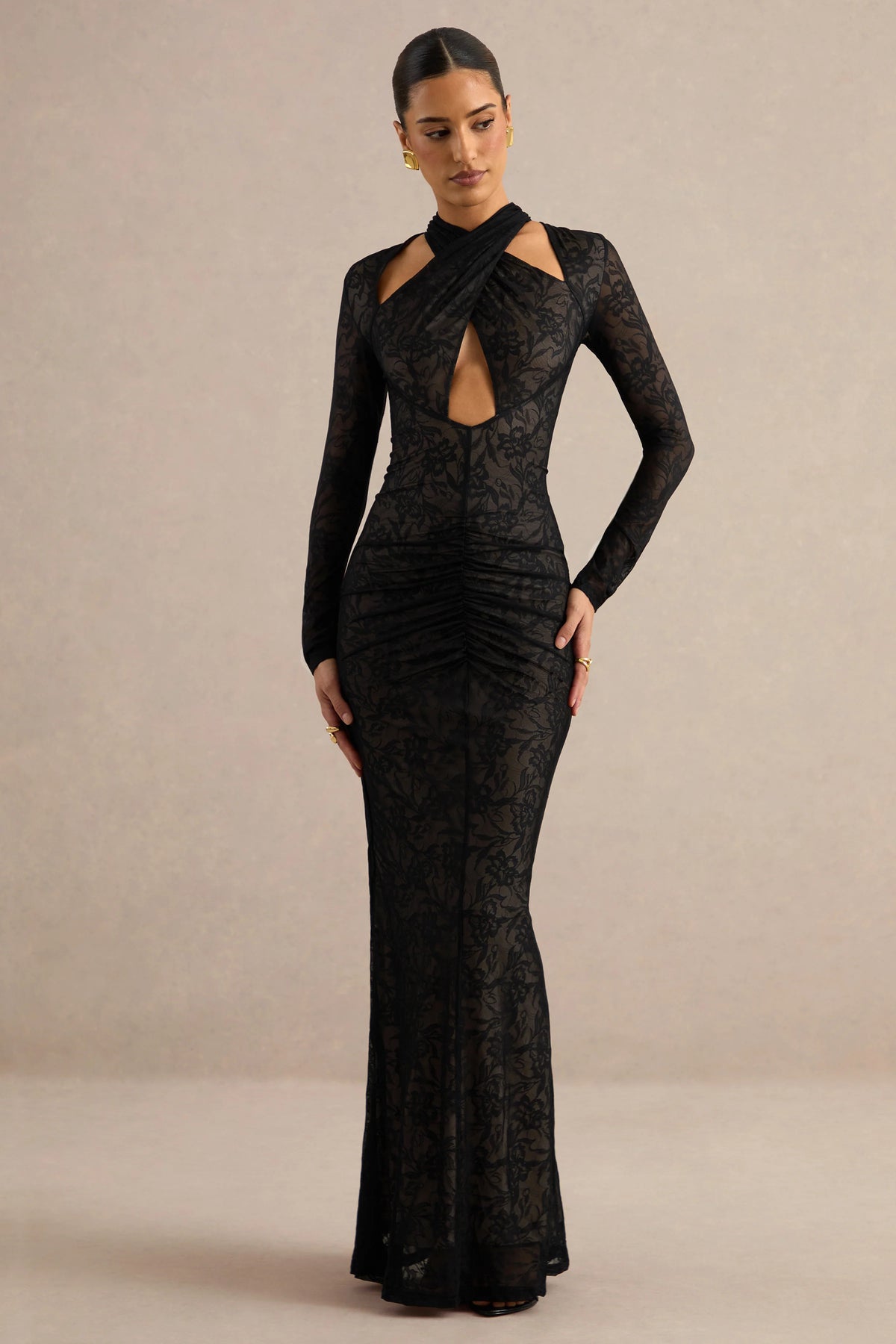 Perriane | Black Lace Halter-Neck Maxi Dress With Cut-Out Details