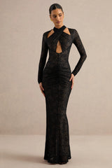 Perriane | Black Lace Halter-Neck Maxi Dress With Cut-Out Details