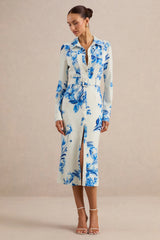 Zephy | Blue Floral Print Belted Shirt Midi Dress