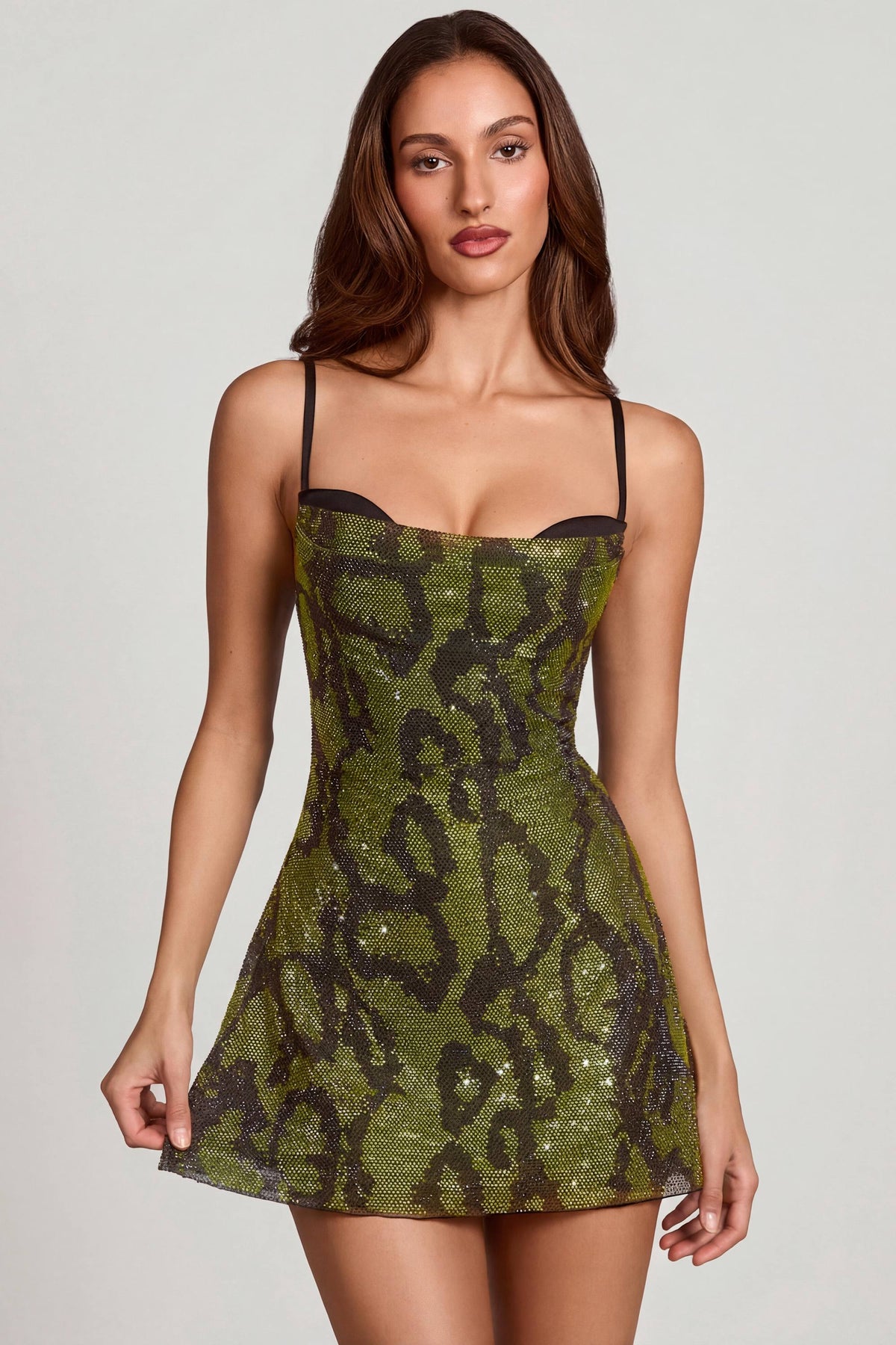 Embellished Cowl Neck A-Line Mini Dress In Green Snake