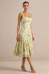 Lumara | Lemon Floral Print Lace Square-Neck Midi Dress With Drop Waist