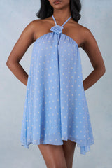 Halterneck Babydoll Mini Dress In Blue Polka Dot Print