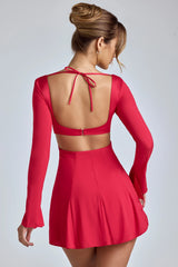 Long Sleeve Godet Mini Dress In Cherry Red