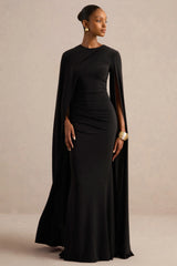 Magdelena | Black Asymmetric Cape Maxi Dress