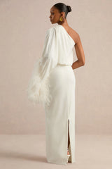 Felicity | White Satin Asymmetric-Neck Maxi Dress With Feather Detailing